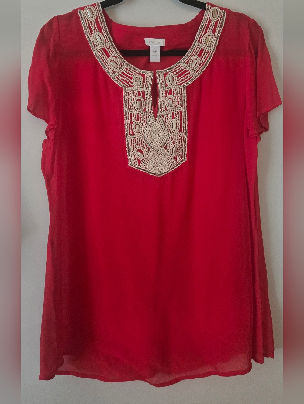 Chico's Red Short-Sleeve Tunic with Cream Beaded Neckline